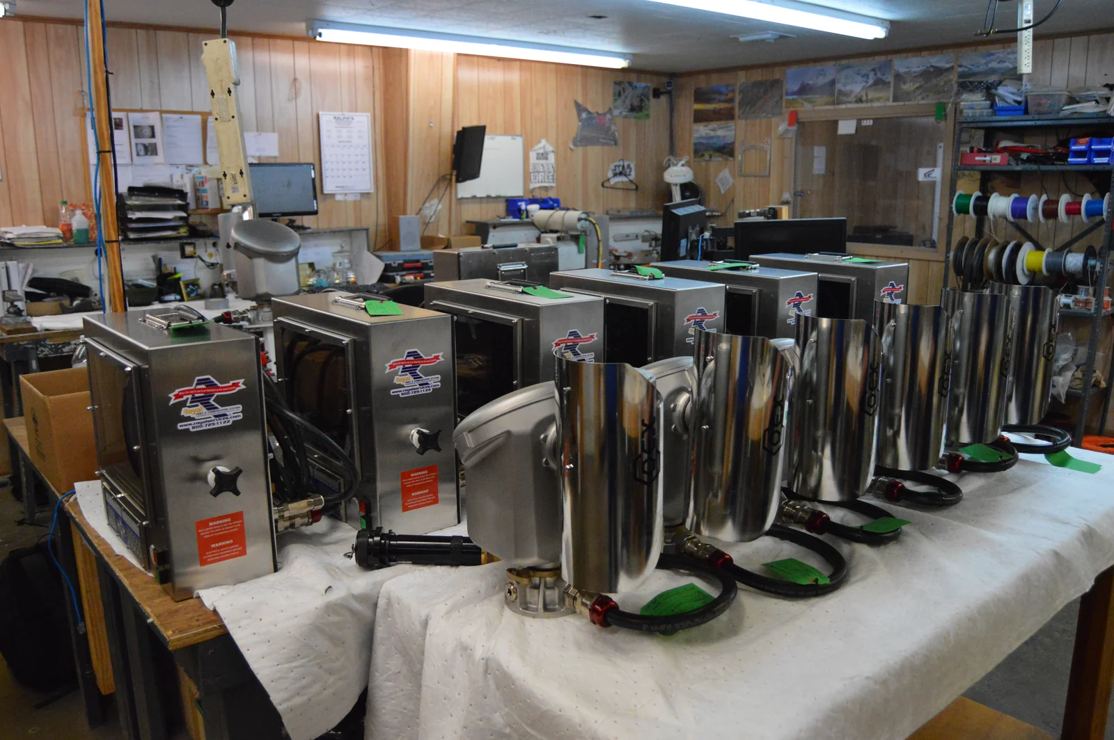 Royal camera housings on the bench at the Broussard shop